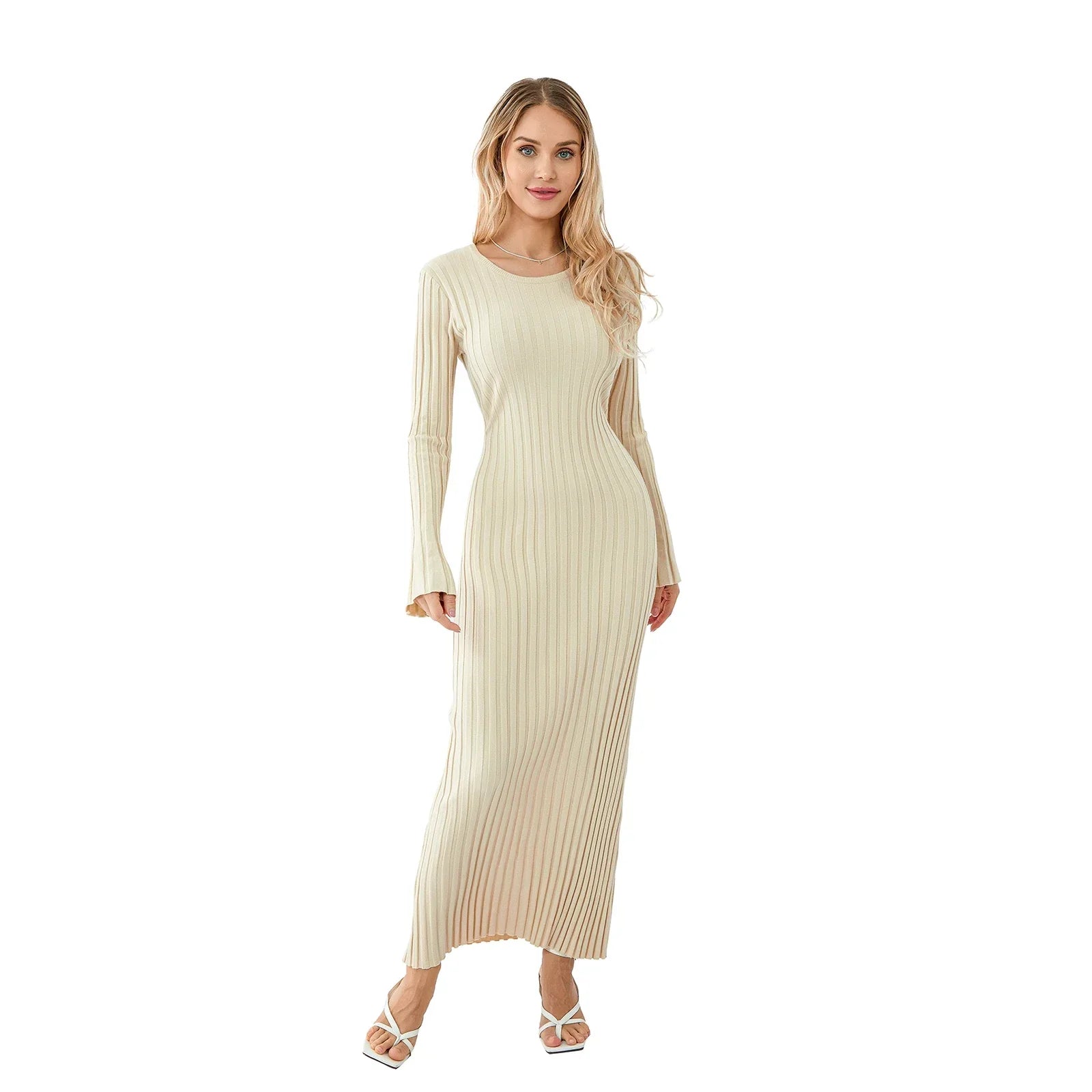 Elena Elegant Maxi Dress with Ribbed Fabric and Laces