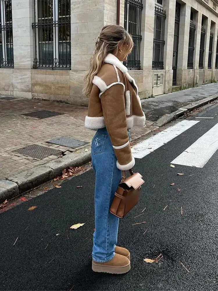 Cropped Aviator Teddy Jacket with Sherpa Details - Camel