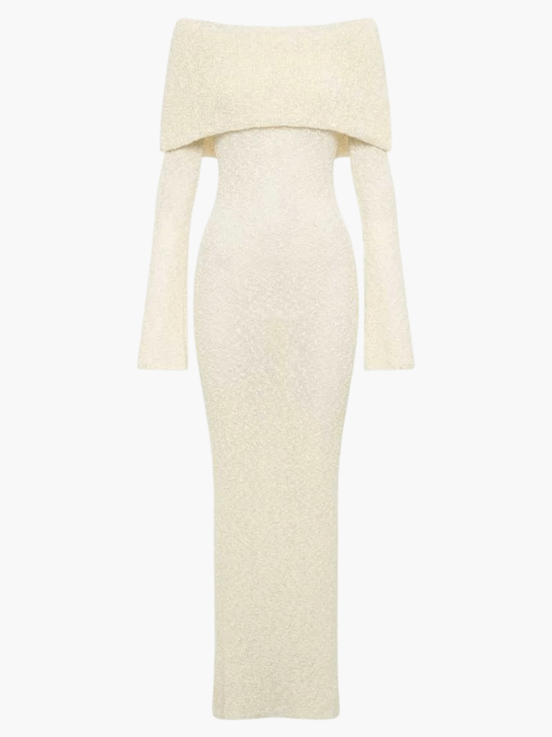 Marissa - Ribgebreide Bouclé Maxi Jurk met Off-Shoulder Halslijn