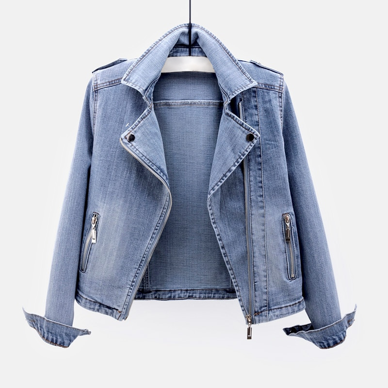 Luna Classic Denim Biker Jacket with Zipper Details