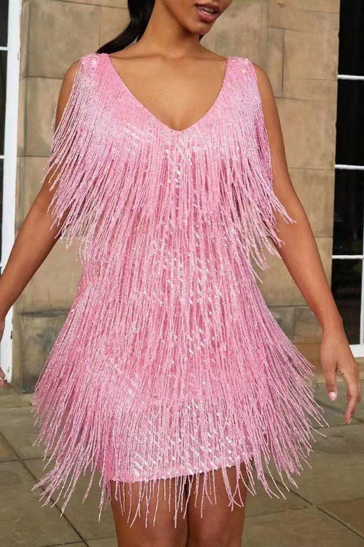 Celeste Luxe Shimmer Fringe Dress – Handmade Beading and V-Neck