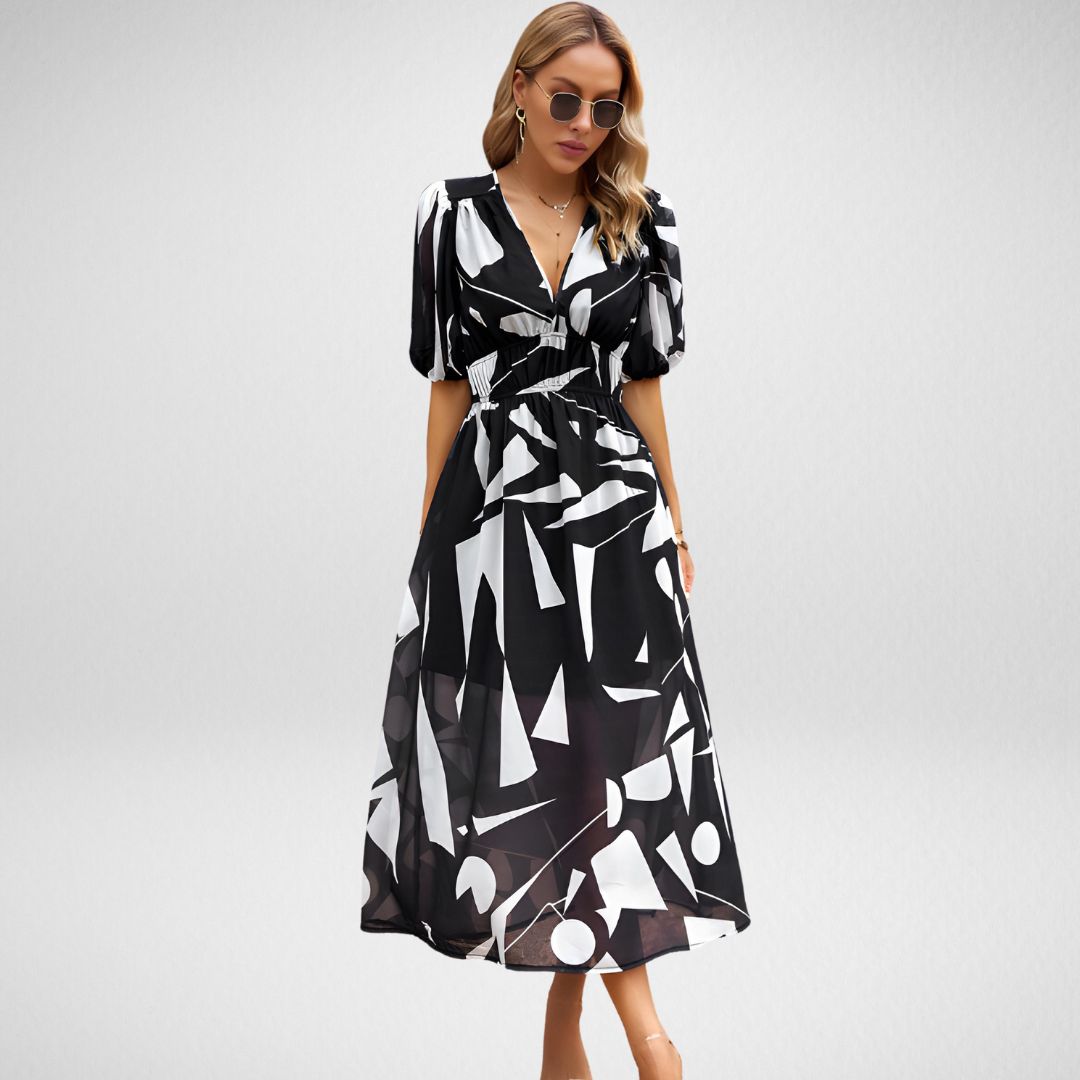 Dahlia Elegante V-Hals Midi Jurk – Comfortabel & Stijlvol