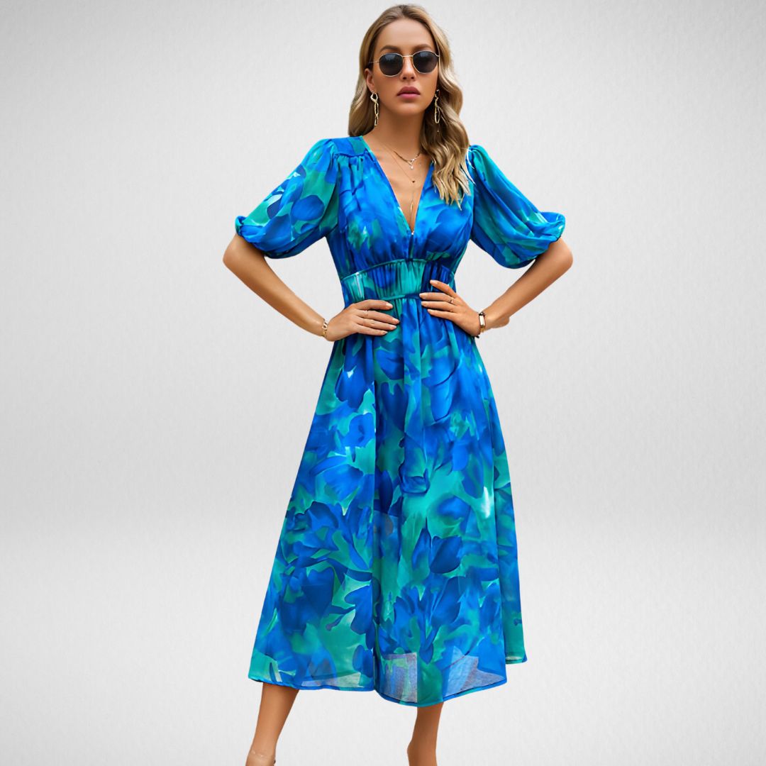 Dahlia Elegante V-Hals Midi Jurk – Comfortabel & Stijlvol
