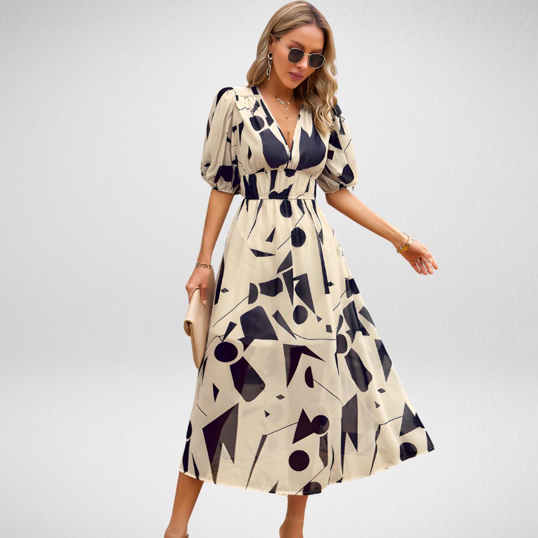 Dahlia Elegante V-Hals Midi Jurk – Comfortabel & Stijlvol