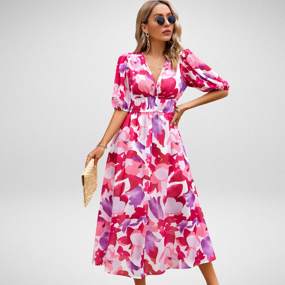 Dahlia Elegante V-Hals Midi Jurk – Comfortabel & Stijlvol