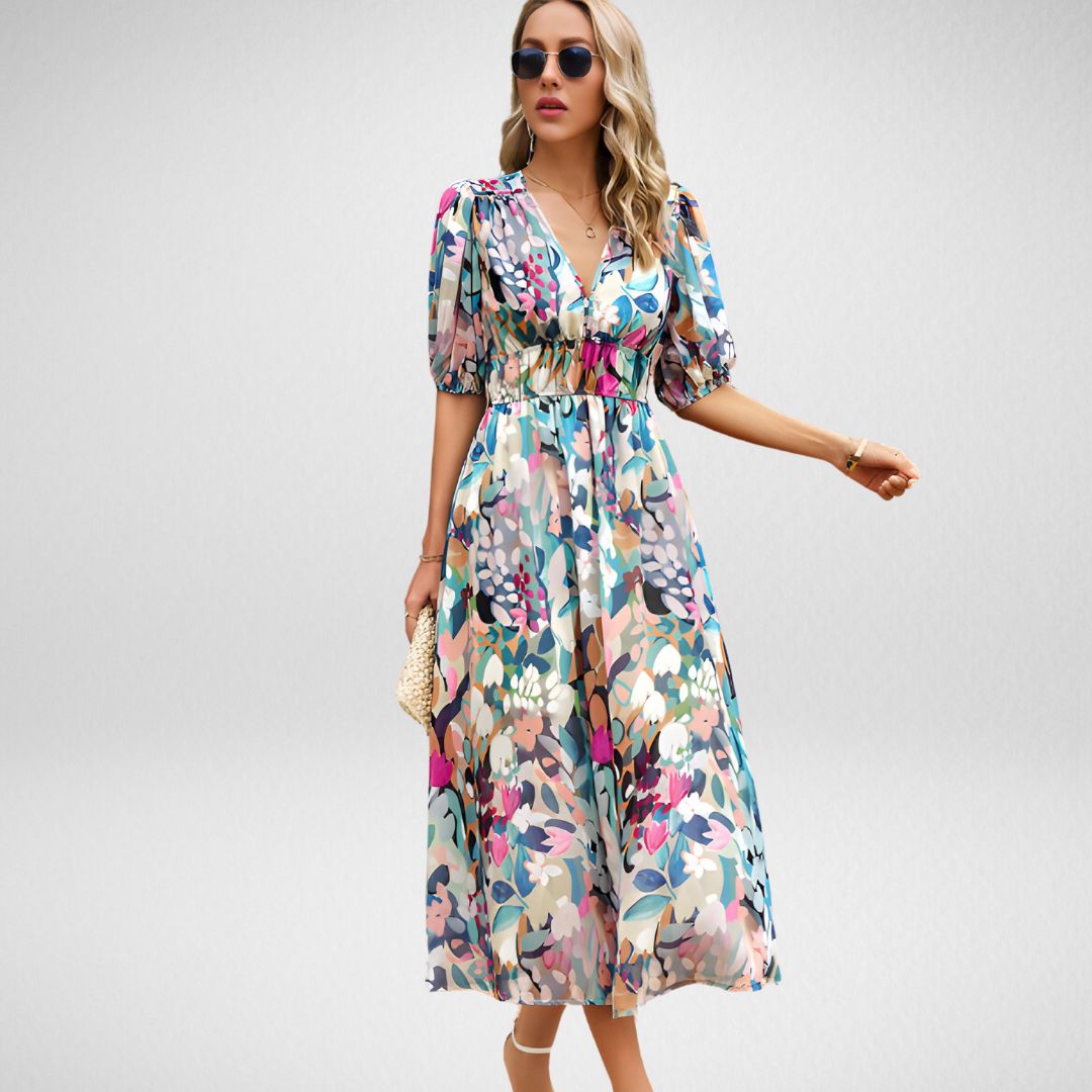 Dahlia Elegante V-Hals Midi Jurk – Comfortabel & Stijlvol