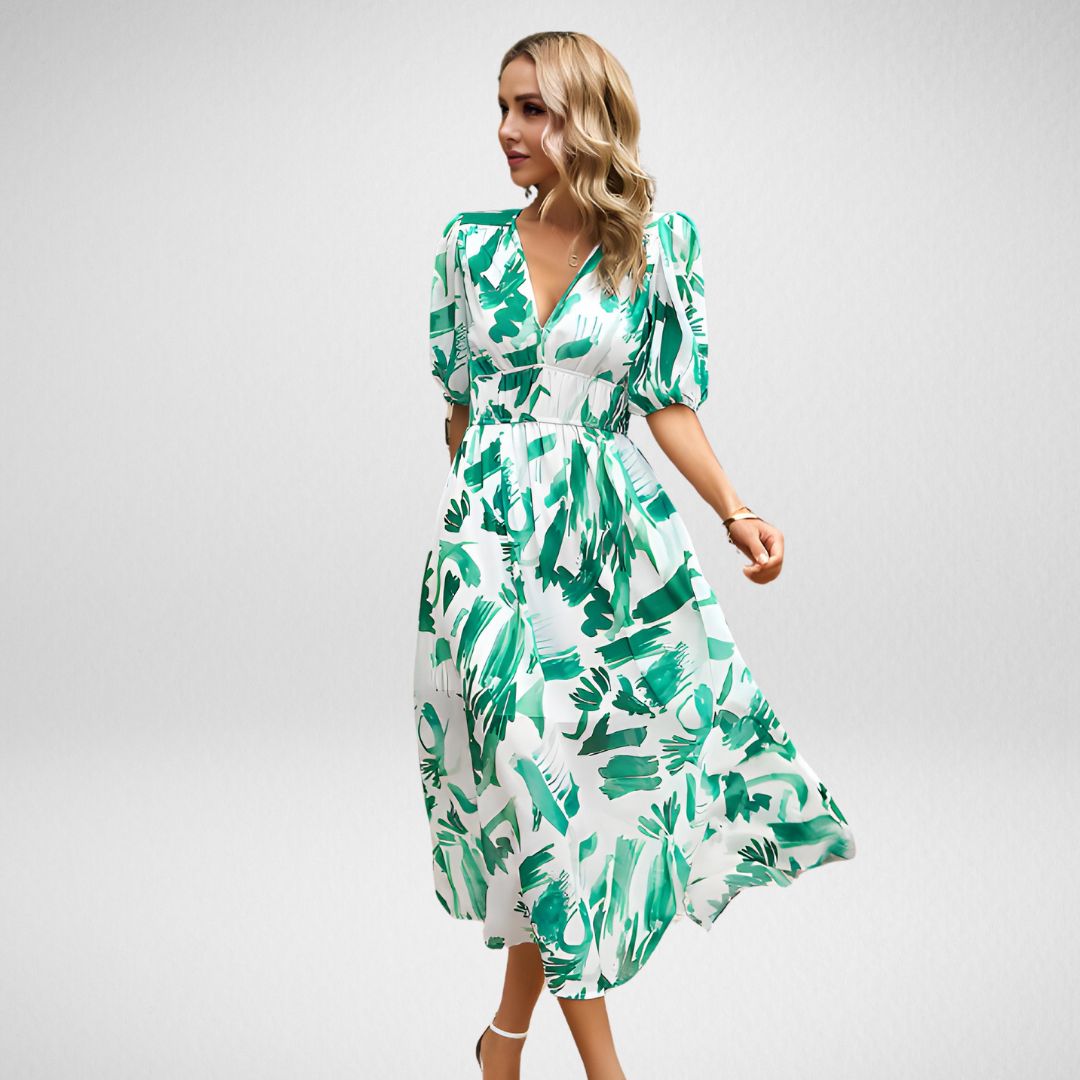 Dahlia Elegante V-Hals Midi Jurk – Comfortabel & Stijlvol