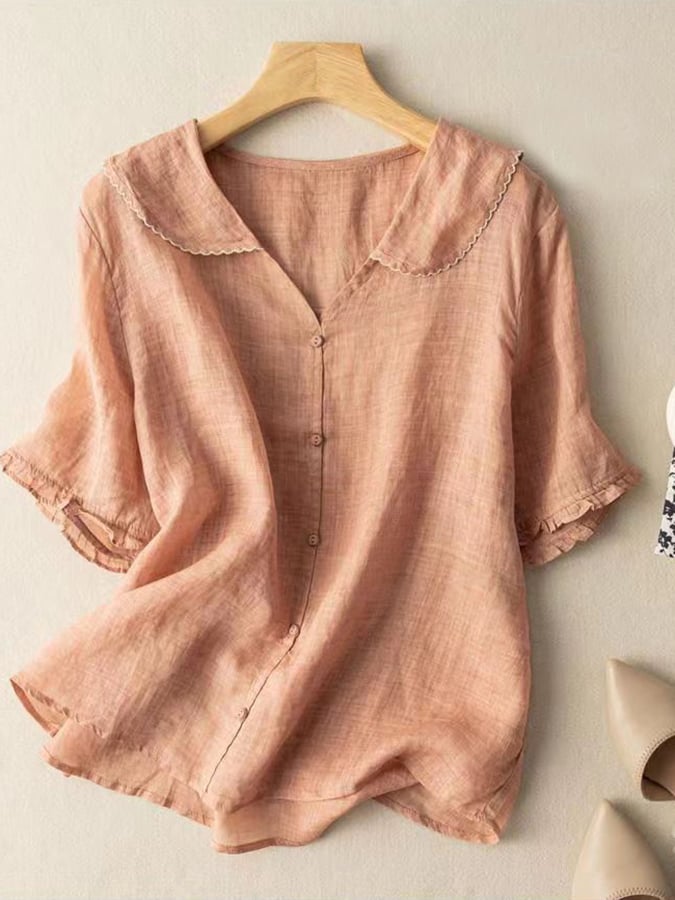 Isabelle | Zachte Katoen-Linnen Blouse met Peter Pan Kraag en Retro Charme