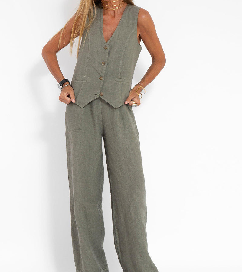 Claire – Elegant Sleeveless Linen Set with V-Neck Vest and Wide Pants