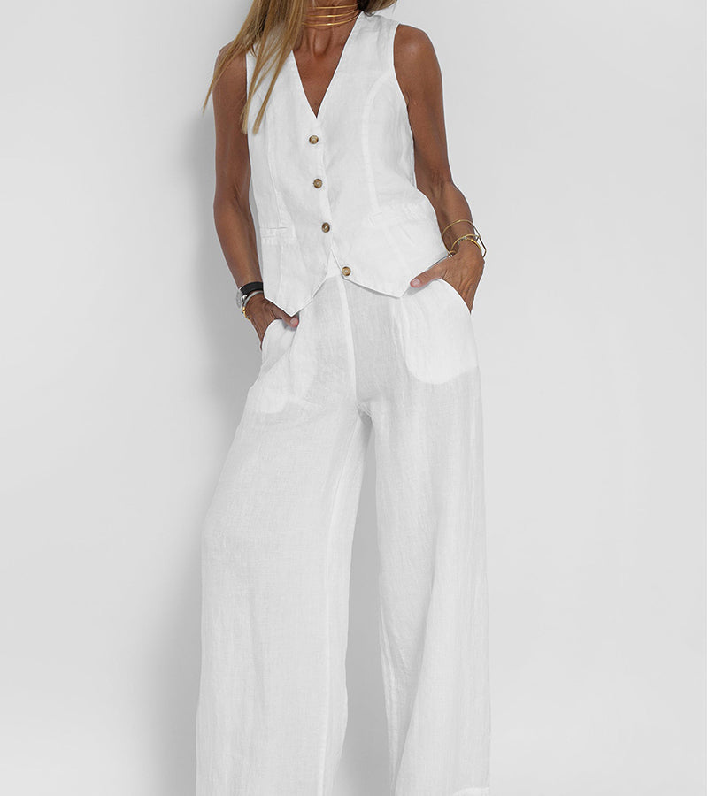 Claire – Elegant Sleeveless Linen Set with V-Neck Vest and Wide Pants