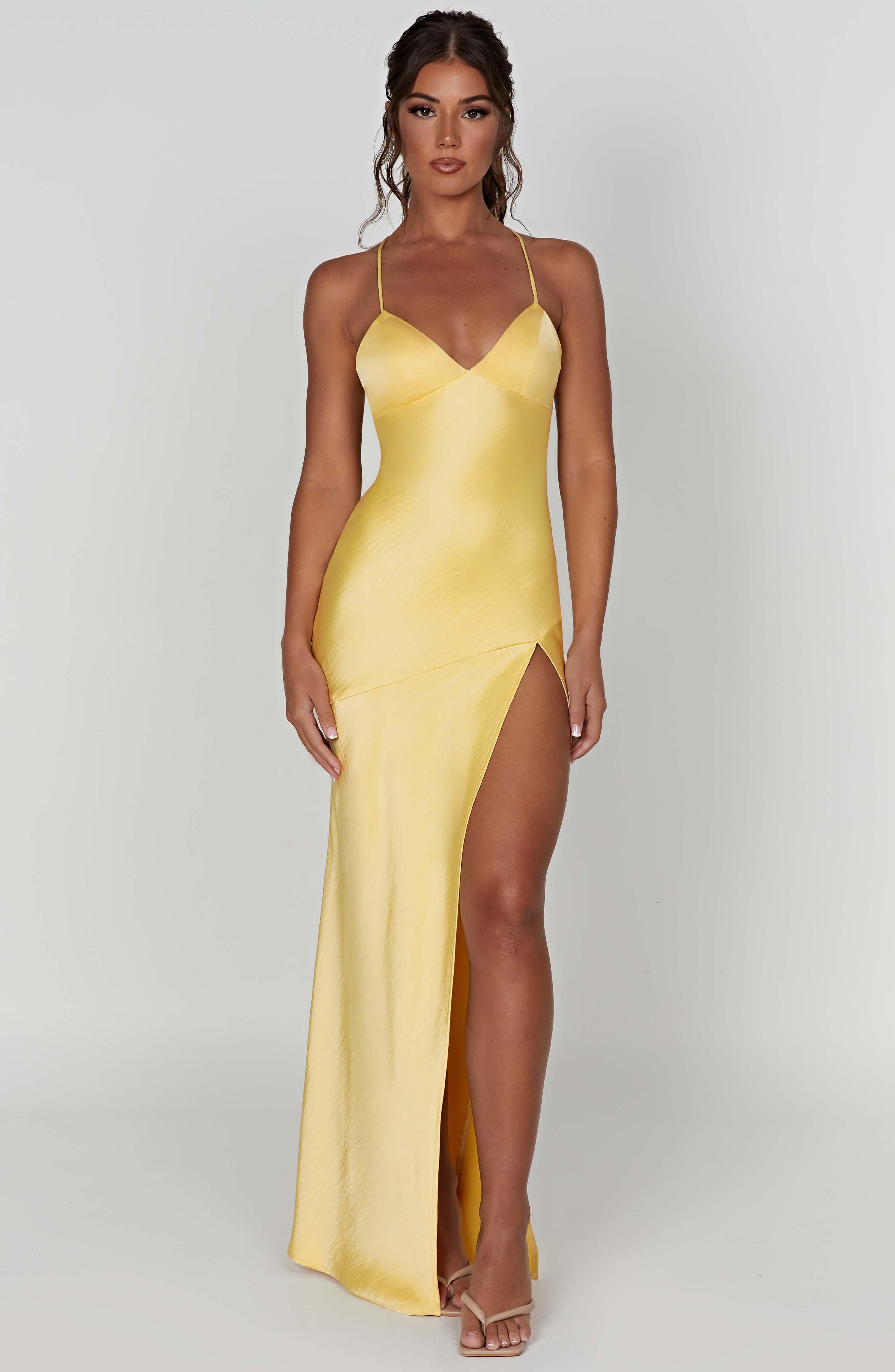 Isobel Luxe Satin Maxi Dress with Low Back and Split - Lemon