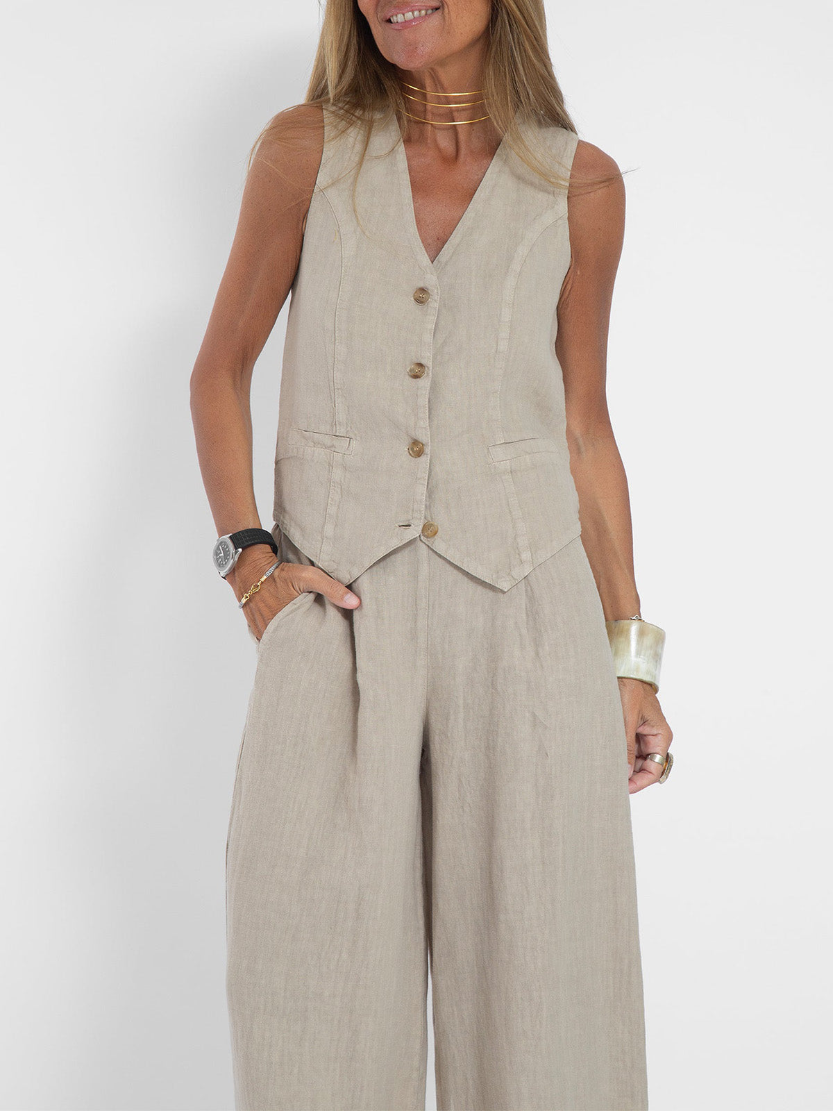 Claire – Elegant Sleeveless Linen Set with V-Neck Vest and Wide Pants