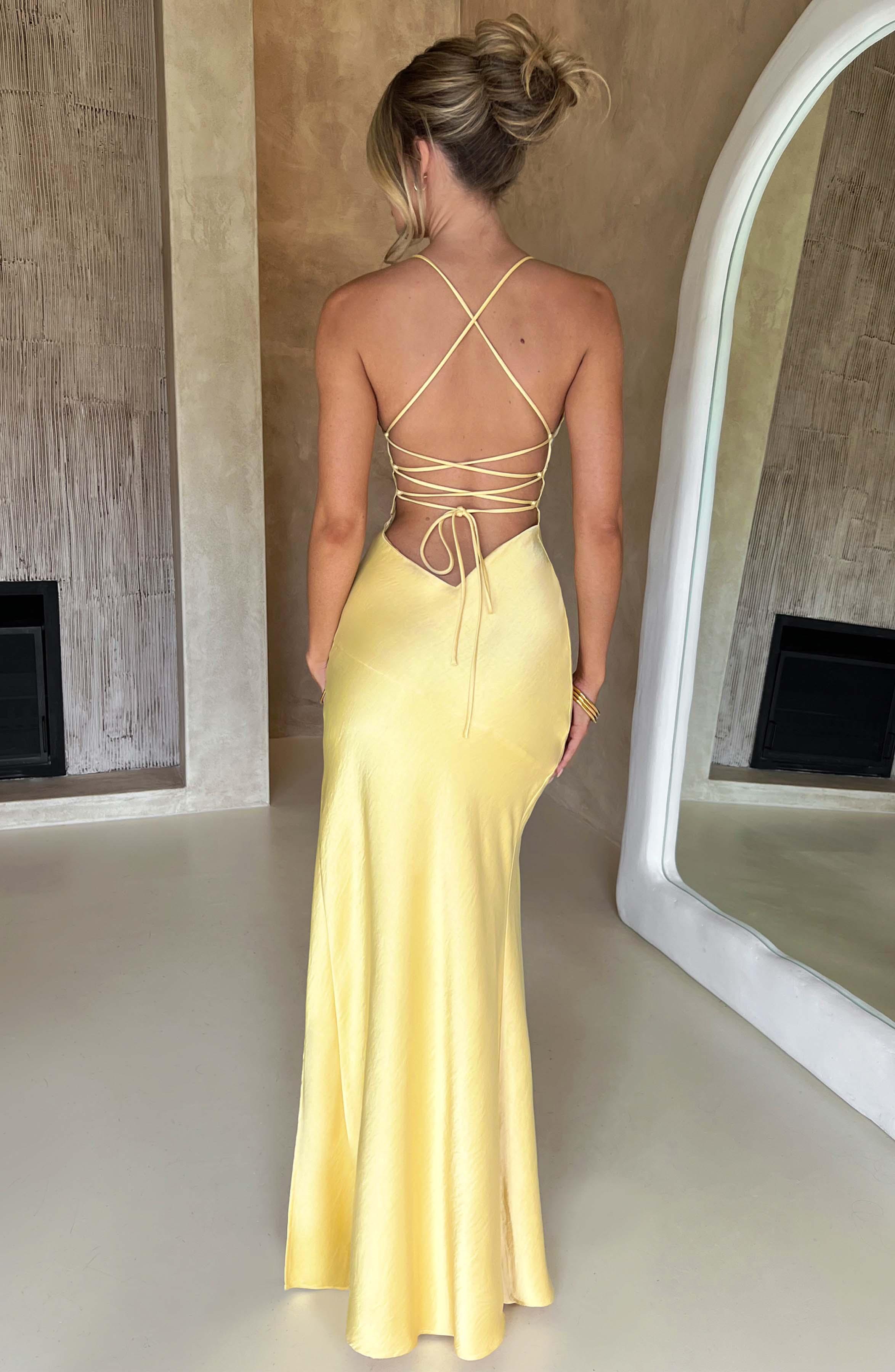 Isobel Luxe Satin Maxi Dress with Low Back and Split - Lemon