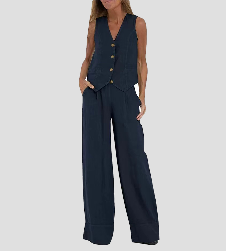 Claire – Elegant Sleeveless Linen Set with V-Neck Vest and Wide Pants