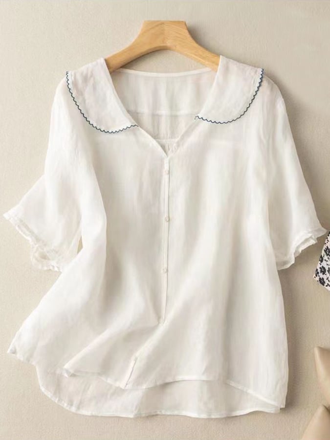 Isabelle | Zachte Katoen-Linnen Blouse met Peter Pan Kraag en Retro Charme