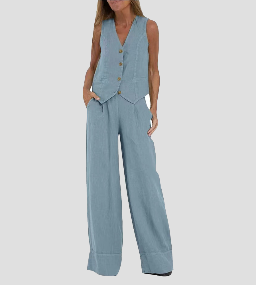 Claire – Elegant Sleeveless Linen Set with V-Neck Vest and Wide Pants