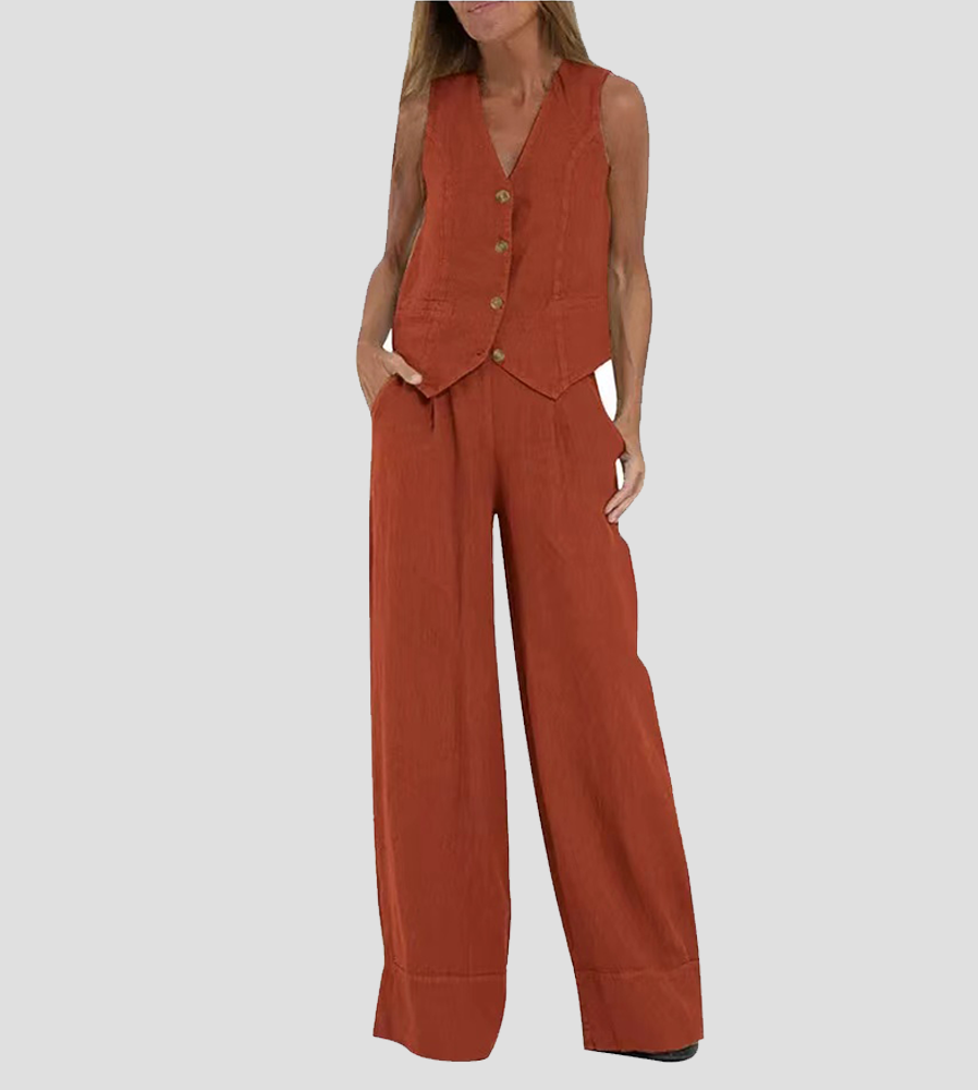 Claire – Elegant Sleeveless Linen Set with V-Neck Vest and Wide Pants