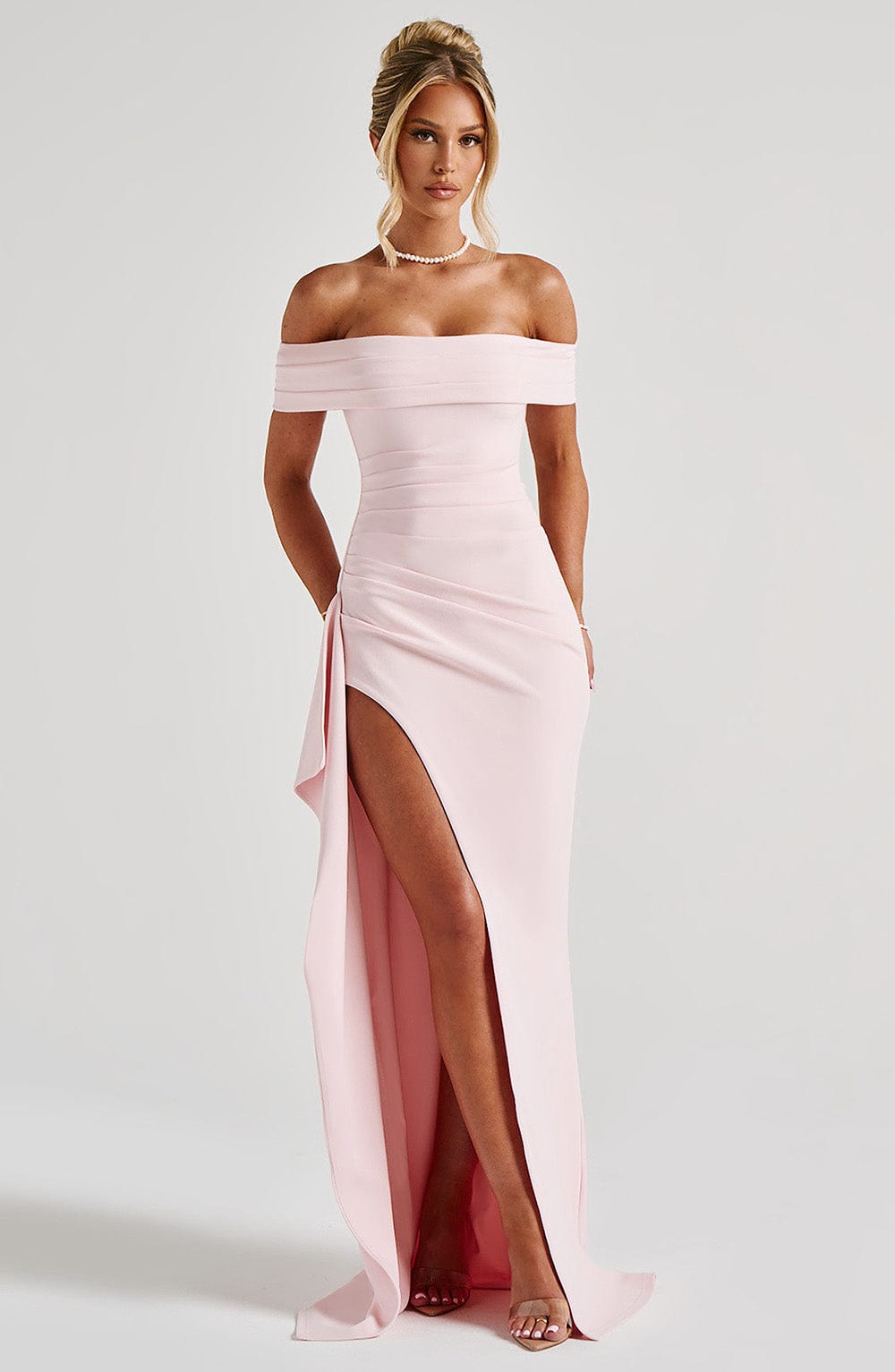 Joyce Luxe Stretch Crepe Maxi Gown with Plissé Bardot Neckline - Blush