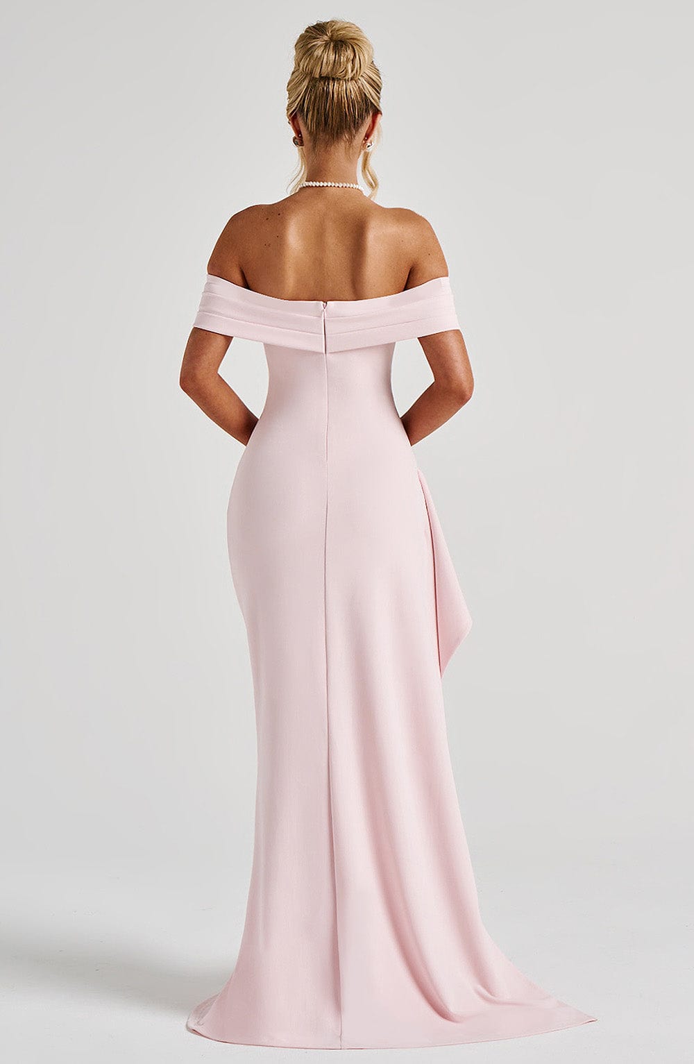 Joyce Luxe Stretch Crepe Maxi Gown with Plissé Bardot Neckline - Blush