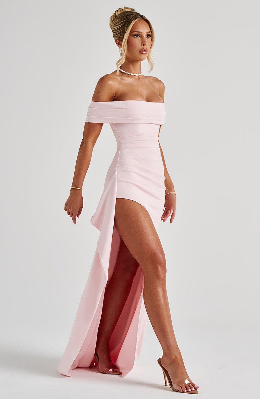 Joyce Luxe Stretch Crepe Maxi Gown with Plissé Bardot Neckline - Blush