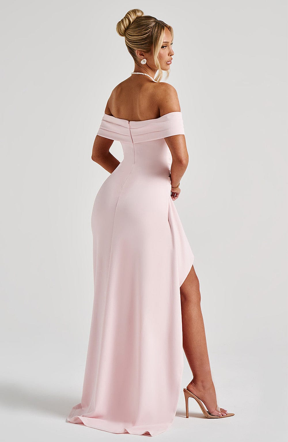 Joyce Luxe Stretch Crepe Maxi Gown with Plissé Bardot Neckline - Blush