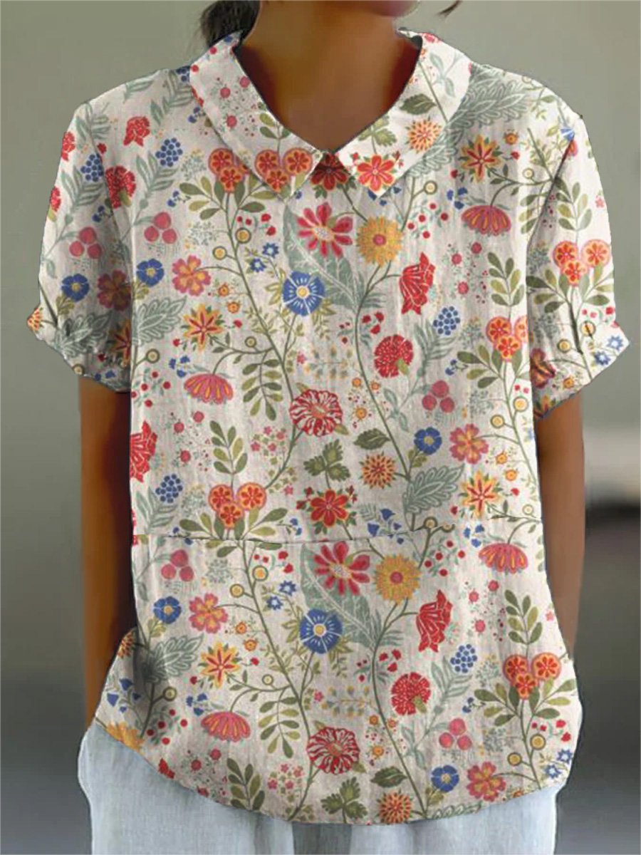 Clara | Comfortabele Bloemenprint Blouse van Katoen en Linnen voor een Natuurlijke Zomerlook