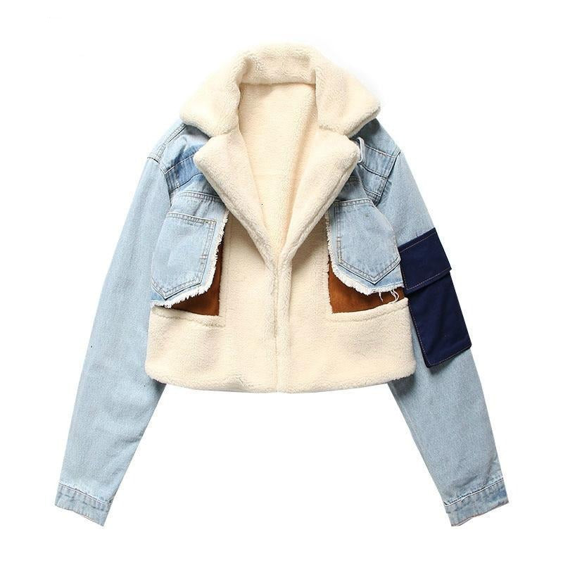 Cropped Denim Sherpa Jacket with Contrast Pockets - Beige and Light Blue