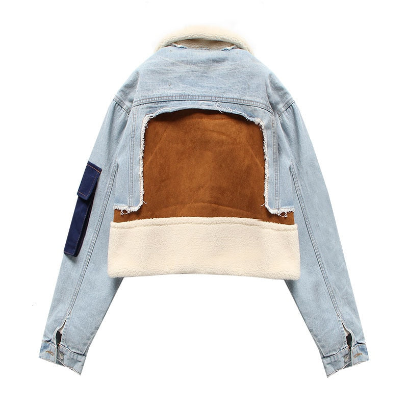 Cropped Denim Sherpa Jacket with Contrast Pockets - Beige and Light Blue