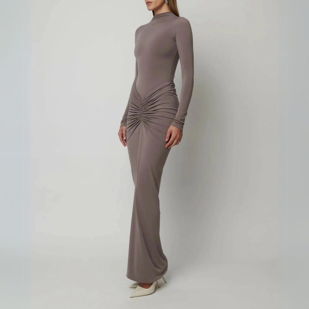 Selene - Elegante Plissé Maxi Jurk met Lange Mouwen